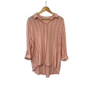 Jane + Delancey Pink White Stripe Crinkle Button Front Shirt XL Roll Tab Sleeves